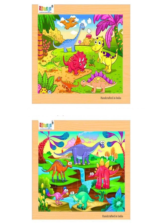SHANAYA Durable Wooden Jigsaw Tetris Puzzles for Kids - 2 Sided Puzzles - 72 Pieces Colourful Wooden Puzzles for Children (Baby Dinosaurs + Adult Dinosaurs)(Pack of 2)